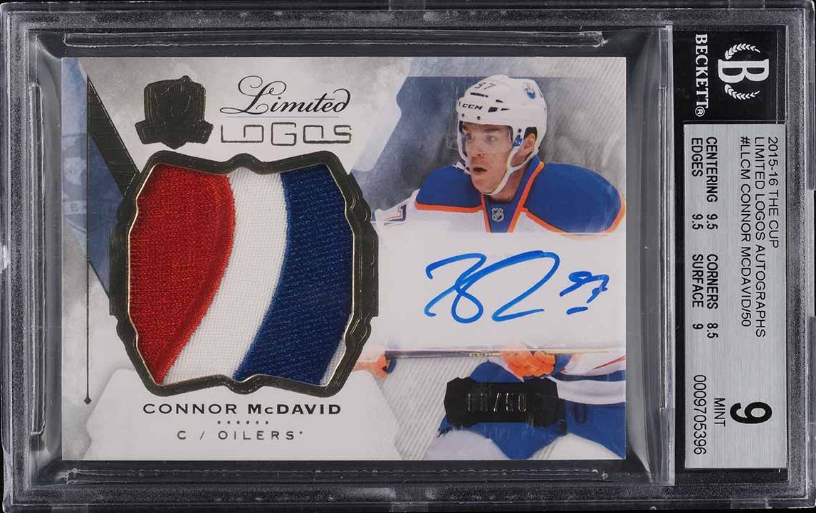 2015 UD The Cup Limited Logos Connor McDavid ROOKIE PATCH AUTO /50 BGS 9 MINT