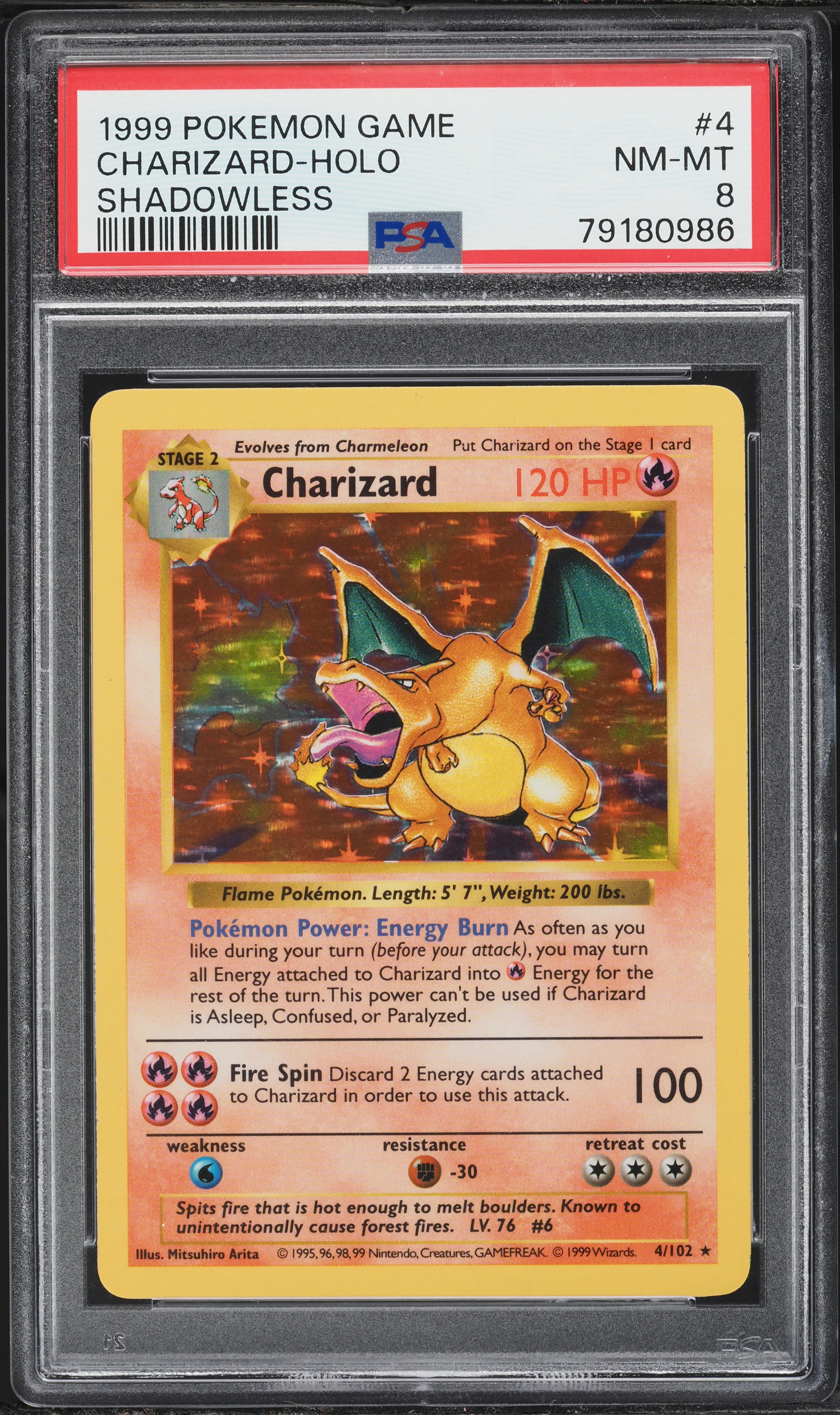 1999 Pokemon Base Set Shadowless Holo Charizard #4 PSA 8 NM-MT