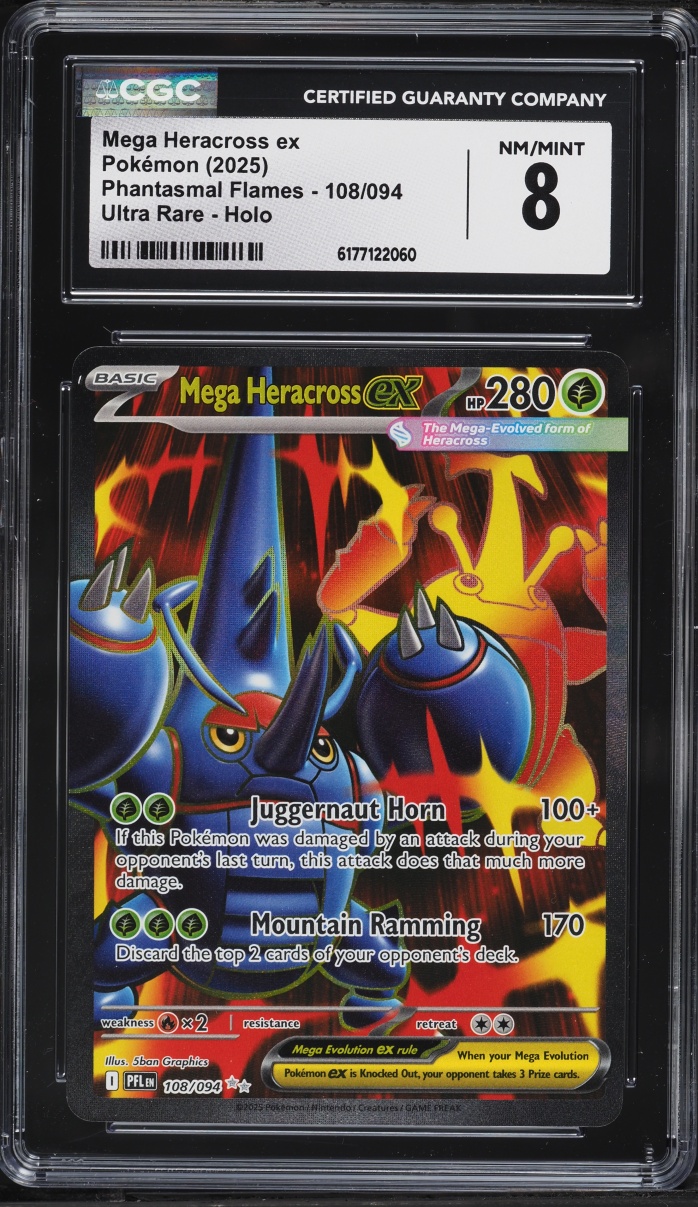 2025 Pokemon Mega Evolution Phantasmal Flames Full Art Mega Heracross Ex #108 CGC 8 NM-MT