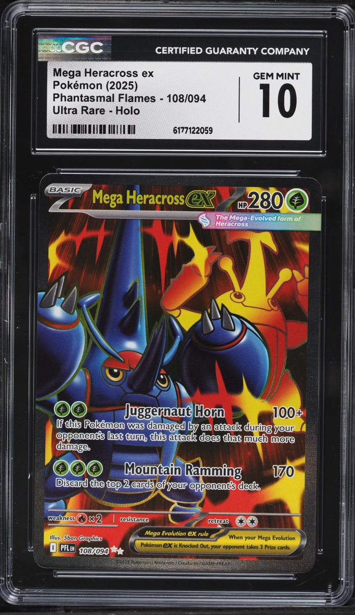 2025 Pokemon Mega Evolution Phantasmal Flames Full Art Mega Heracross Ex #108 CGC 10 GEM MINT