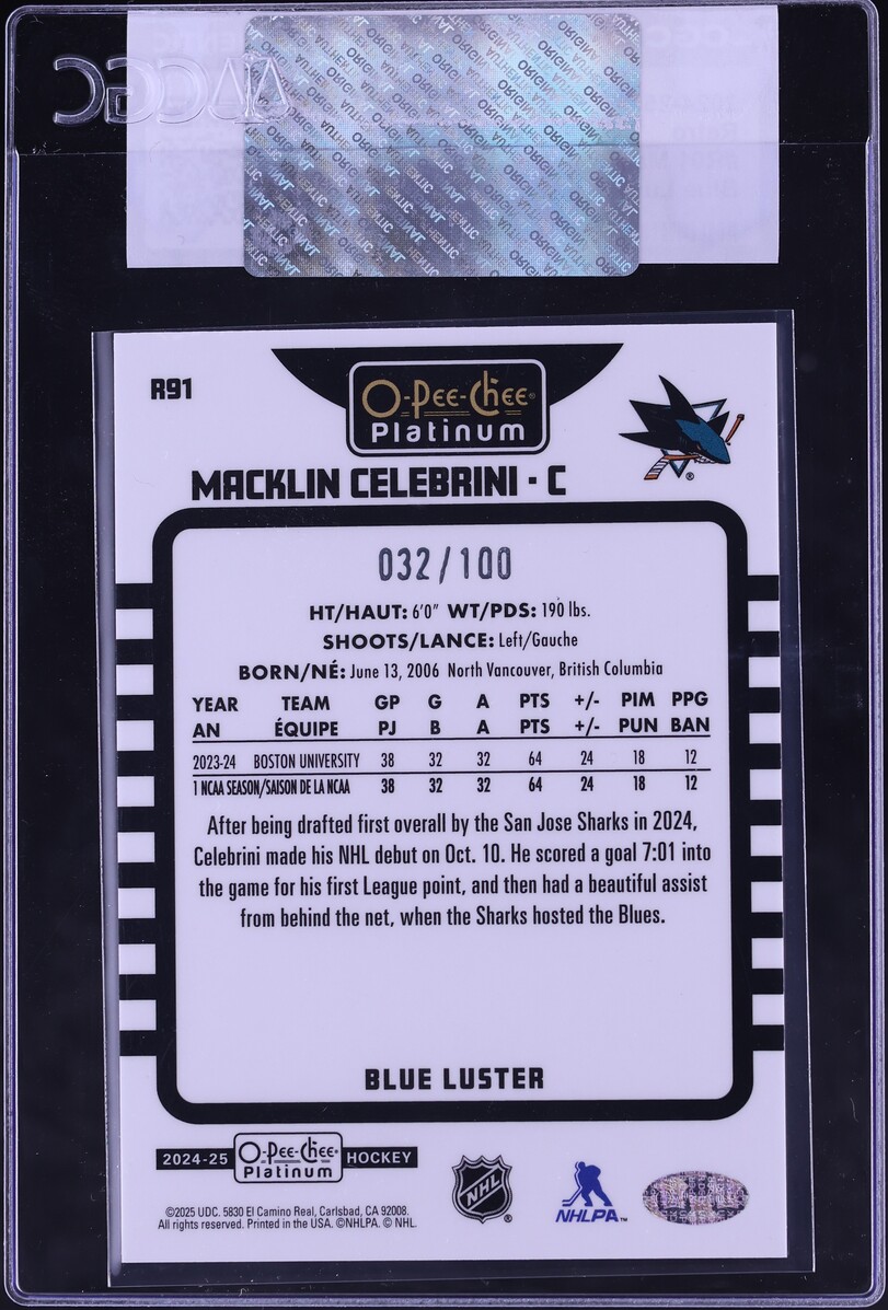 2024 O-Pee-Chee Platinum Retro Blue Luster Macklin Celebrini ROOKIE /100 #R91 CGC AUTH - Photo 2