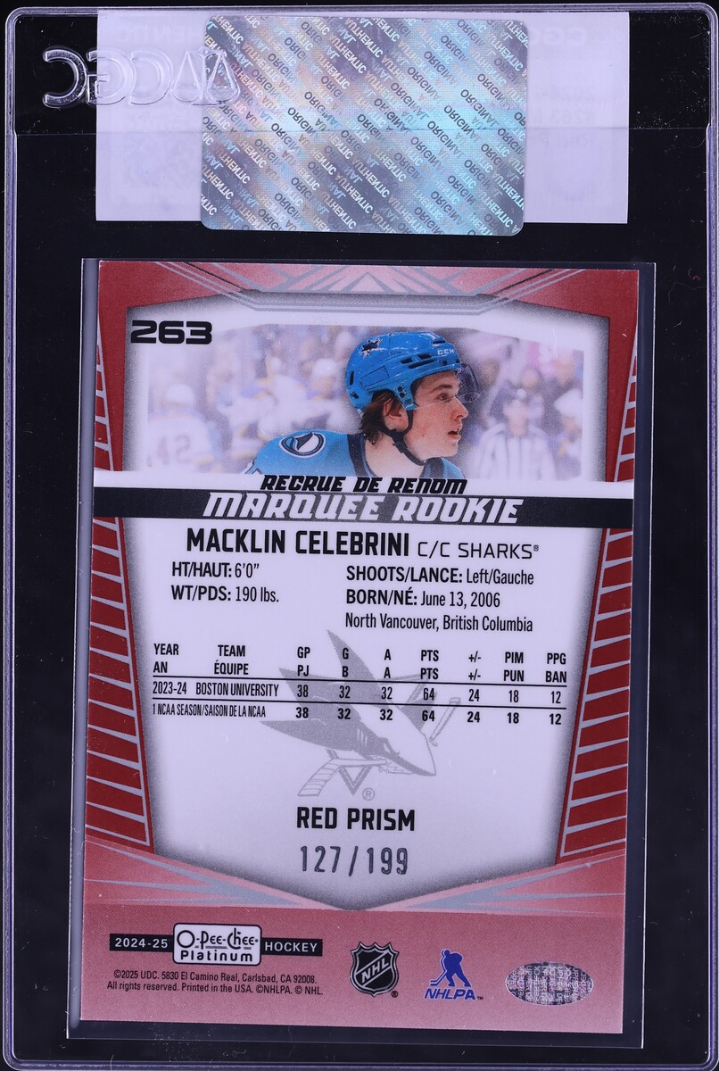 2024 O-Pee-Chee Platinum Red Prism Macklin Celebrini ROOKIE /199 #263 CGC AUTH - Photo 2