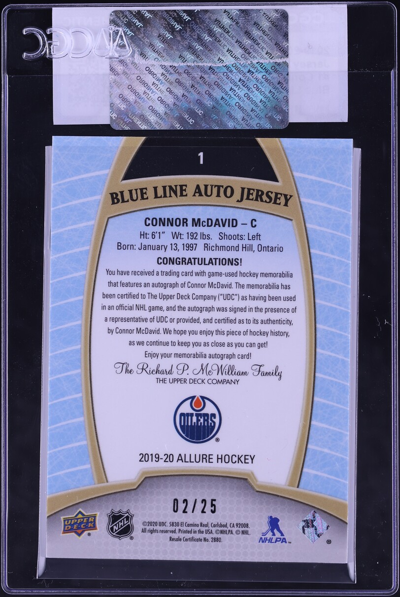 2019 Upper Deck Allure Blue Line Connor McDavid PATCH AUTO /25 #1 CGC AUTH - Photo 2