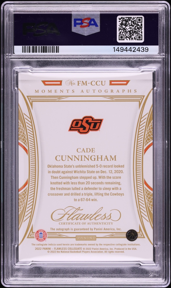 2022 Panini Flawless Collegiate Moments Gold Cade Cunningham AUTO /10 #FM-CCU PSA 9 MINT