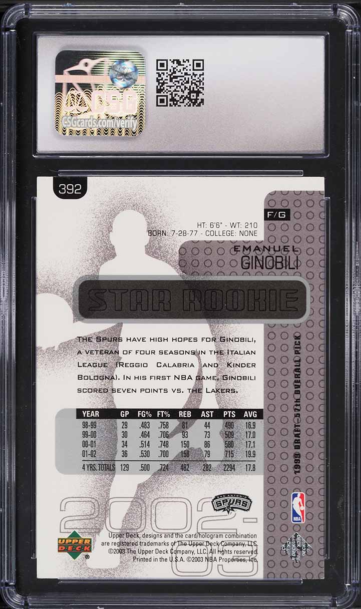 2002 Upper Deck Basketball Manu Ginobili ROOKIE #392 CSG 8 NM-MT