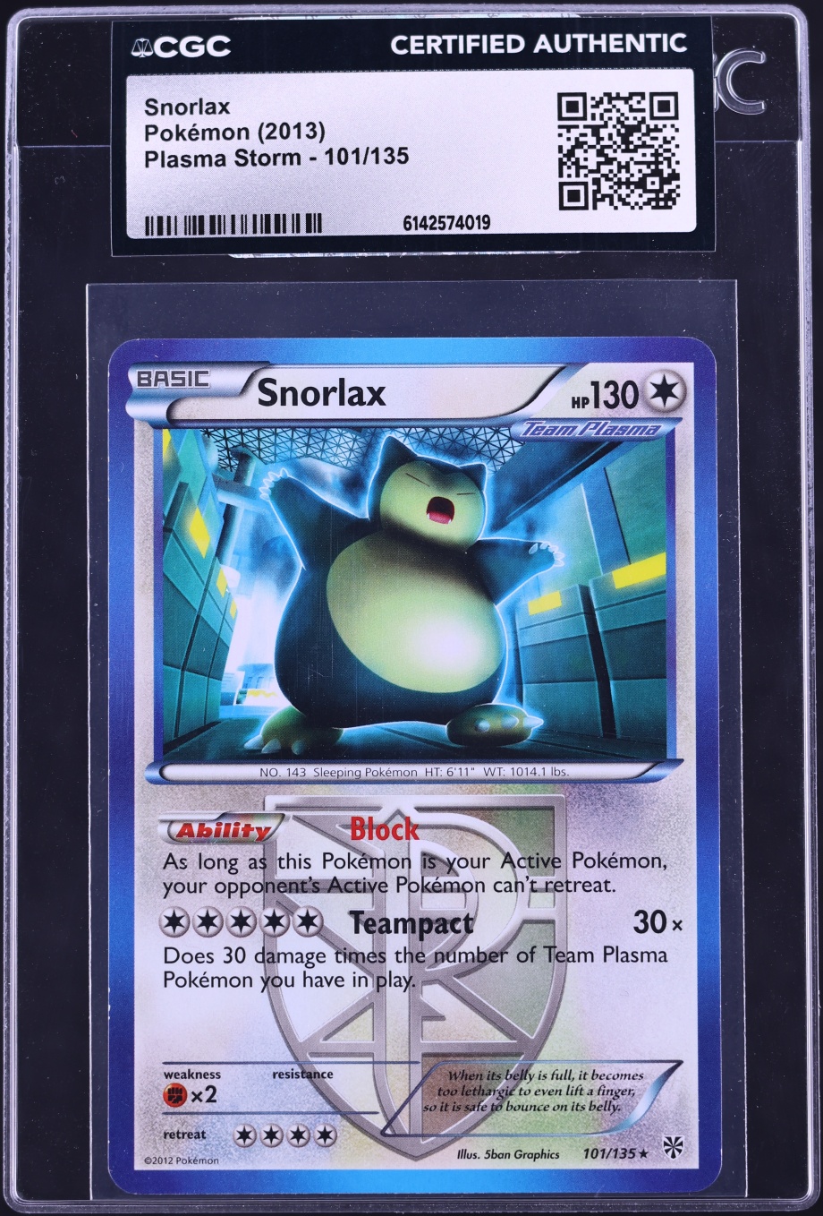 2013 Pokemon Black & White Plasma Storm Snorlax #101 CGC AUTH