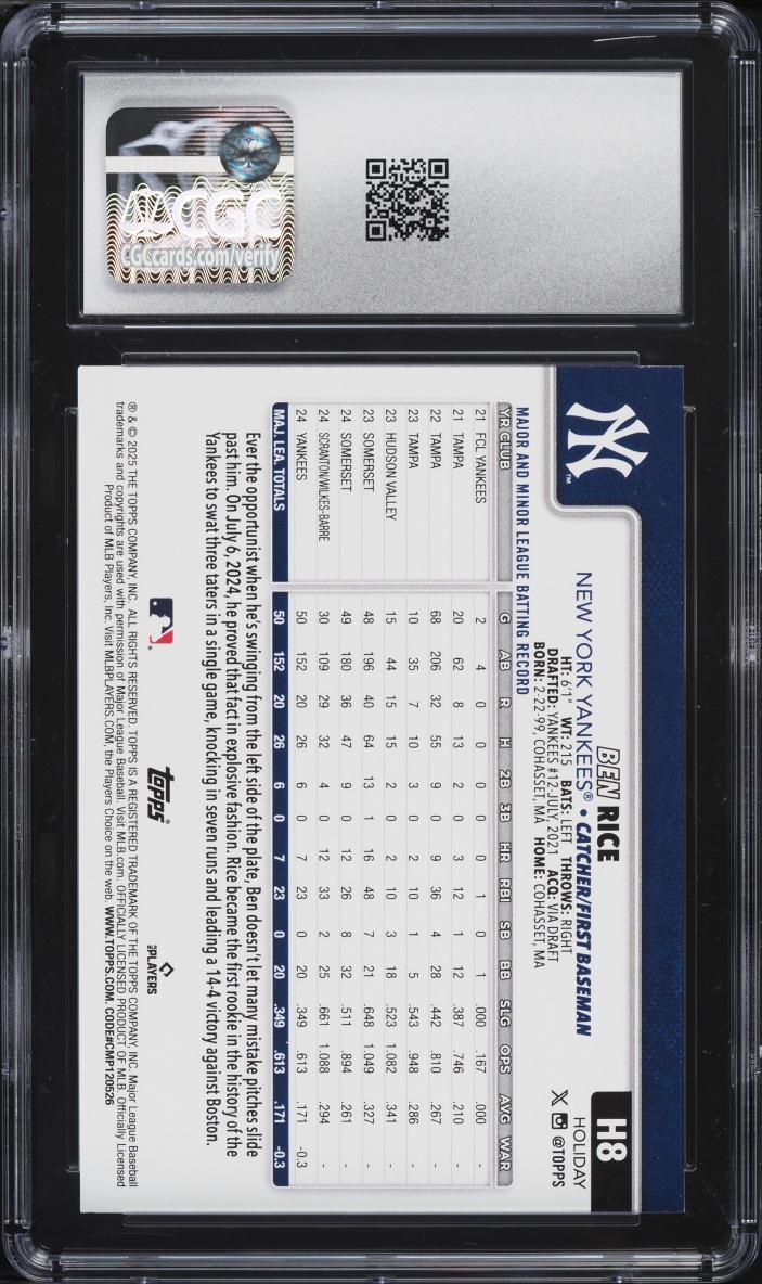 2025 Topps Holiday Ben Rice ROOKIE #H8 CGC 10 GEM MINT