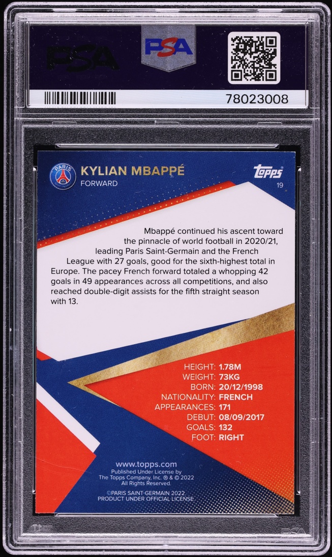 2021 Topps Paris Saint-Germain Team Set Kylian Mbappe #19 PSA 8 NM-MT