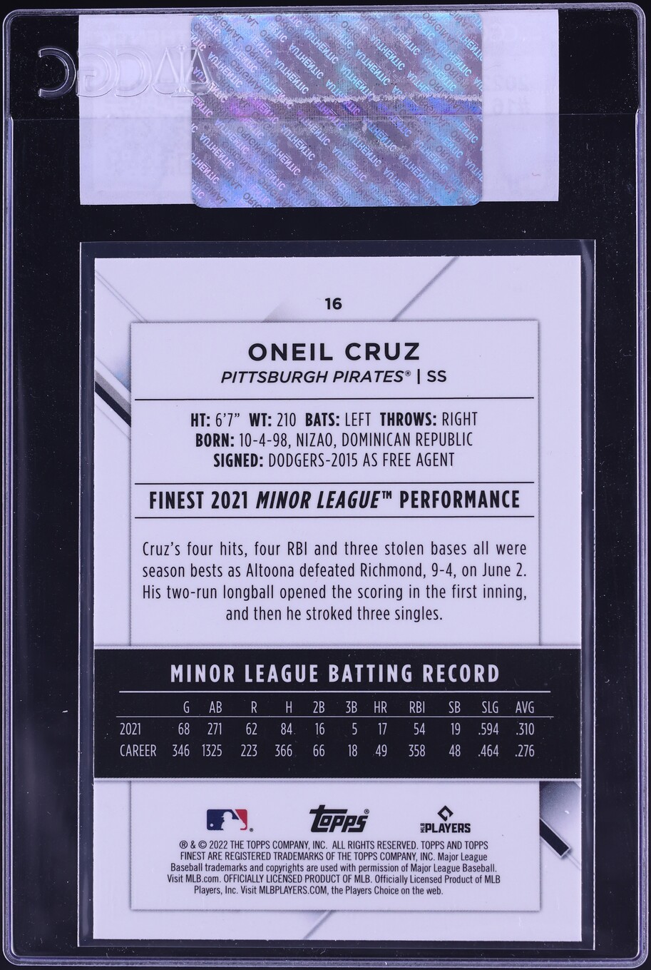 2022 Finest Oneil Cruz ROOKIE #16 CGC AUTH