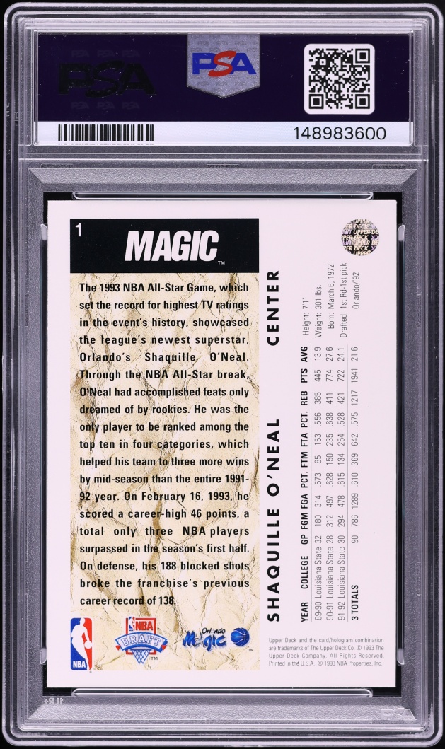 1992 Upper Deck Basketball Shaquille O'Neal ROOKIE #1 PSA 8 NM-MT