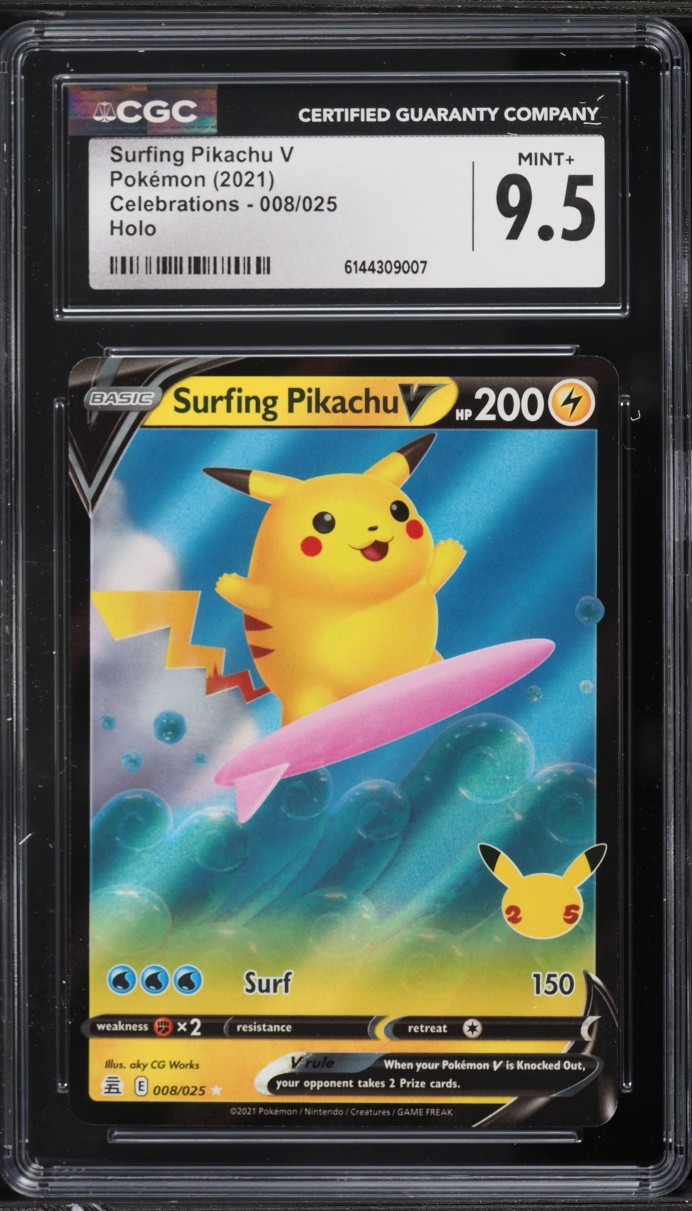 2021 Pokemon Sword & Shield Celebrations Holo Surfing Pikachu V #8 CGC 9.5 MINT+