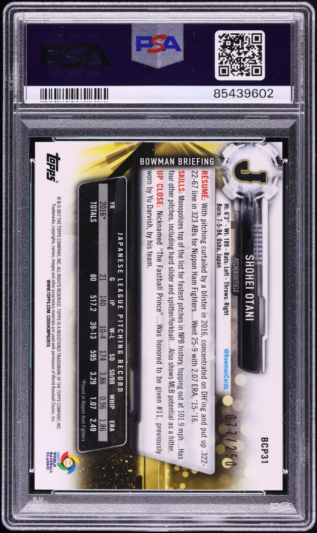 2017 Bowman Chrome Mega Purple Refractor Shohei Ohtani PROSPECT /250 #BCP31 PSA 10 GEM MINT