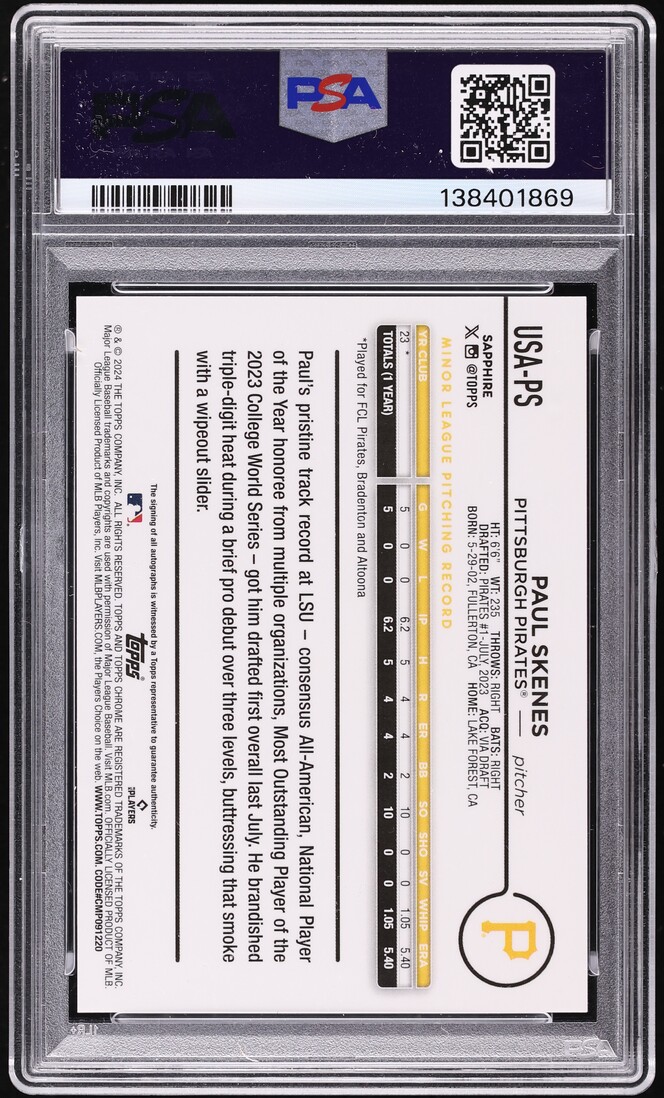 2024 Topps Chrome Update Sapphire Black Paul Skenes ROOKIE AUTO /10 #USA-PS PSA 9 MINT - Photo 2