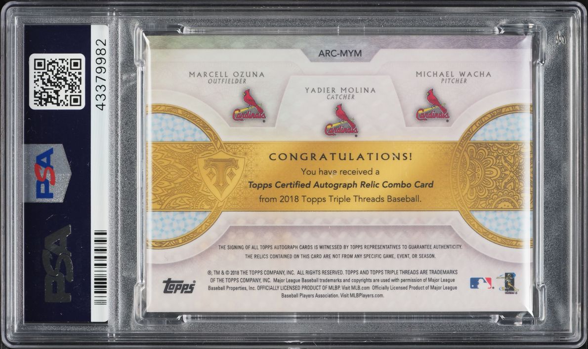 2018 Topps Triple Threads Combo Emerald Wacha Molina Ozuna PATCH AUTO /18 #ARM-MYM PSA 9 MINT