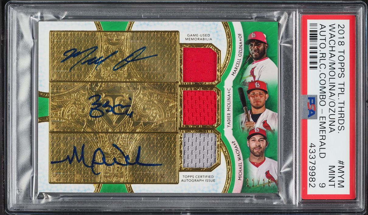 2018 Topps Triple Threads Combo Emerald Wacha Molina Ozuna PATCH AUTO /18 #ARM-MYM PSA 9 MINT