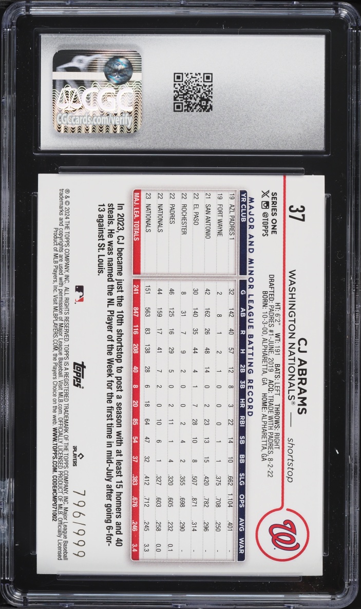 2024 Topps Blue Holofoil CJ Abrams /999 #37 CGC 9.5 MINT+