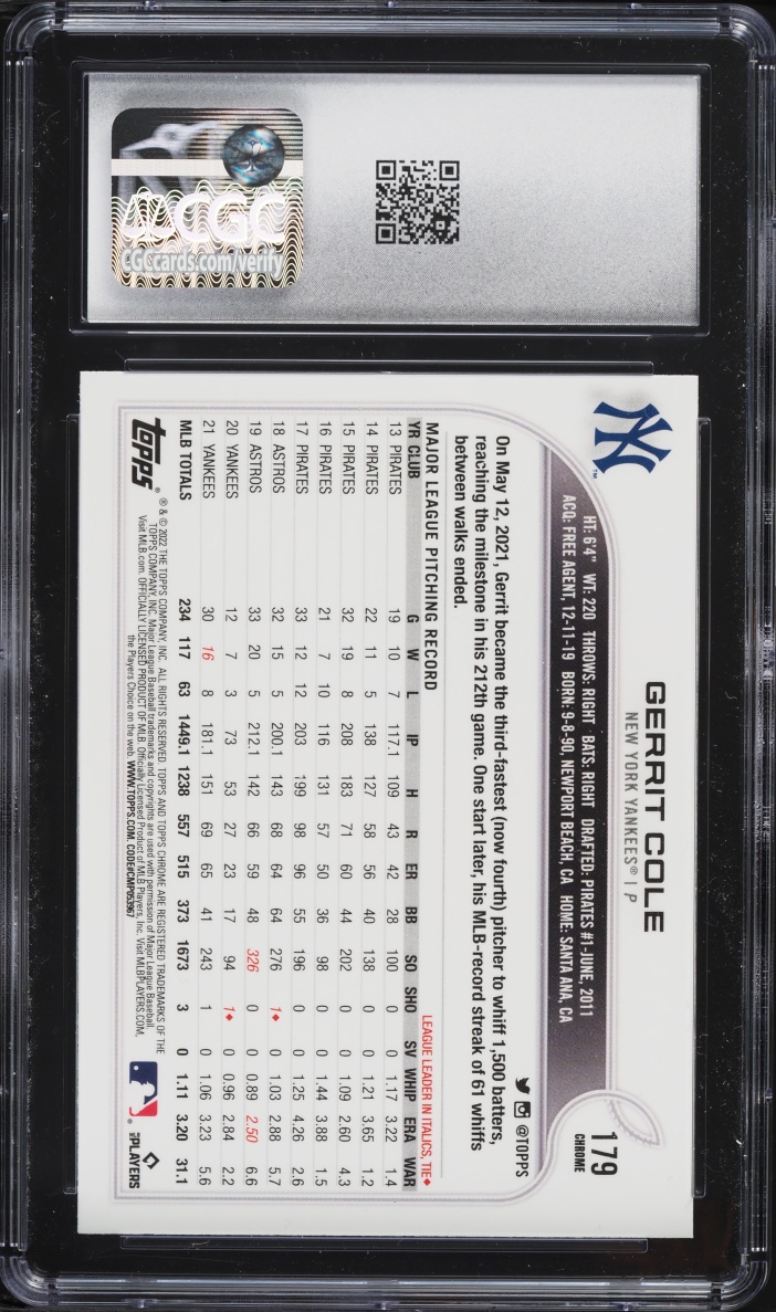 2022 Topps Chrome Prism Refractor Gerrit Cole #179 CGC 10 GEM MINT