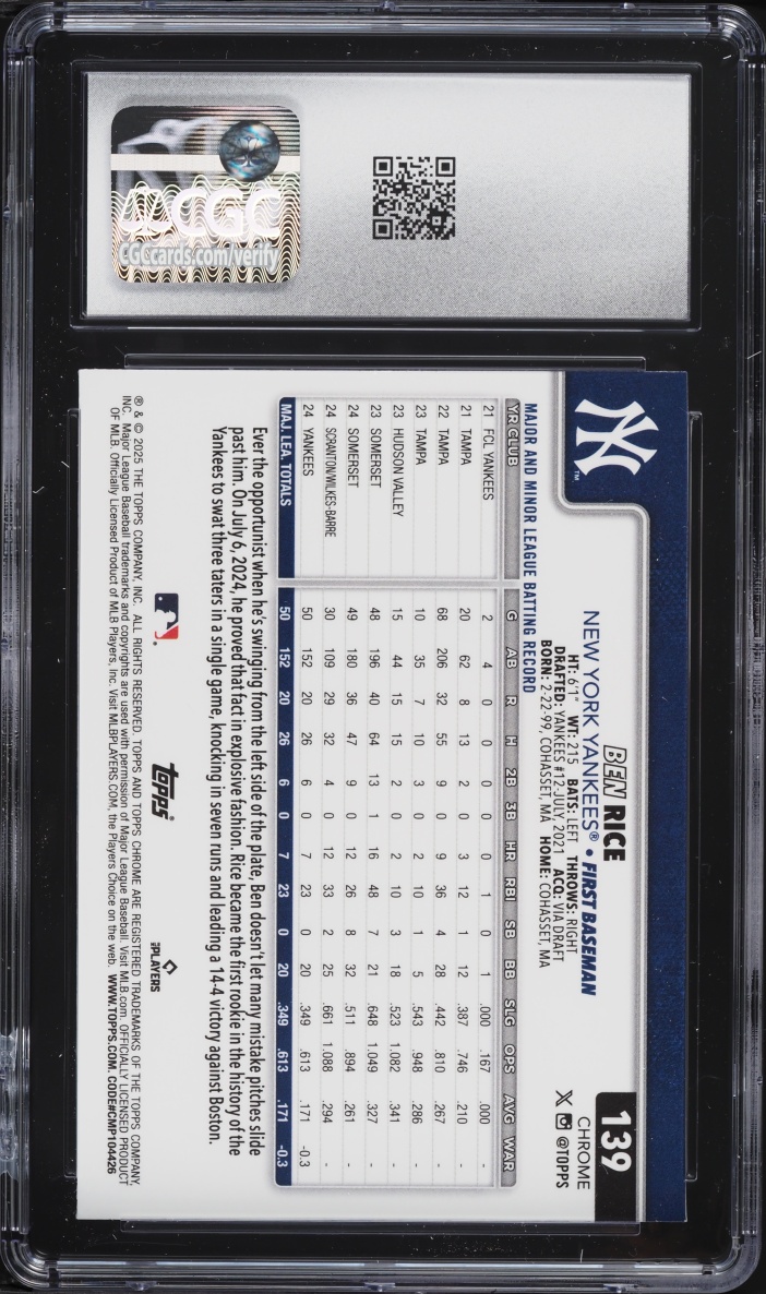 2025 Topps Chrome Raywave Refractor Ben Rice ROOKIE #139 CGC 10 GEM MINT