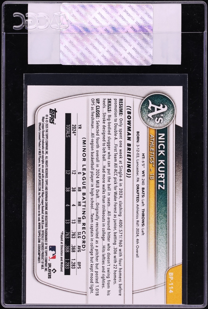 2025 Bowman Nick Kurtz PROSPECT #BP-114 CGC AUTH