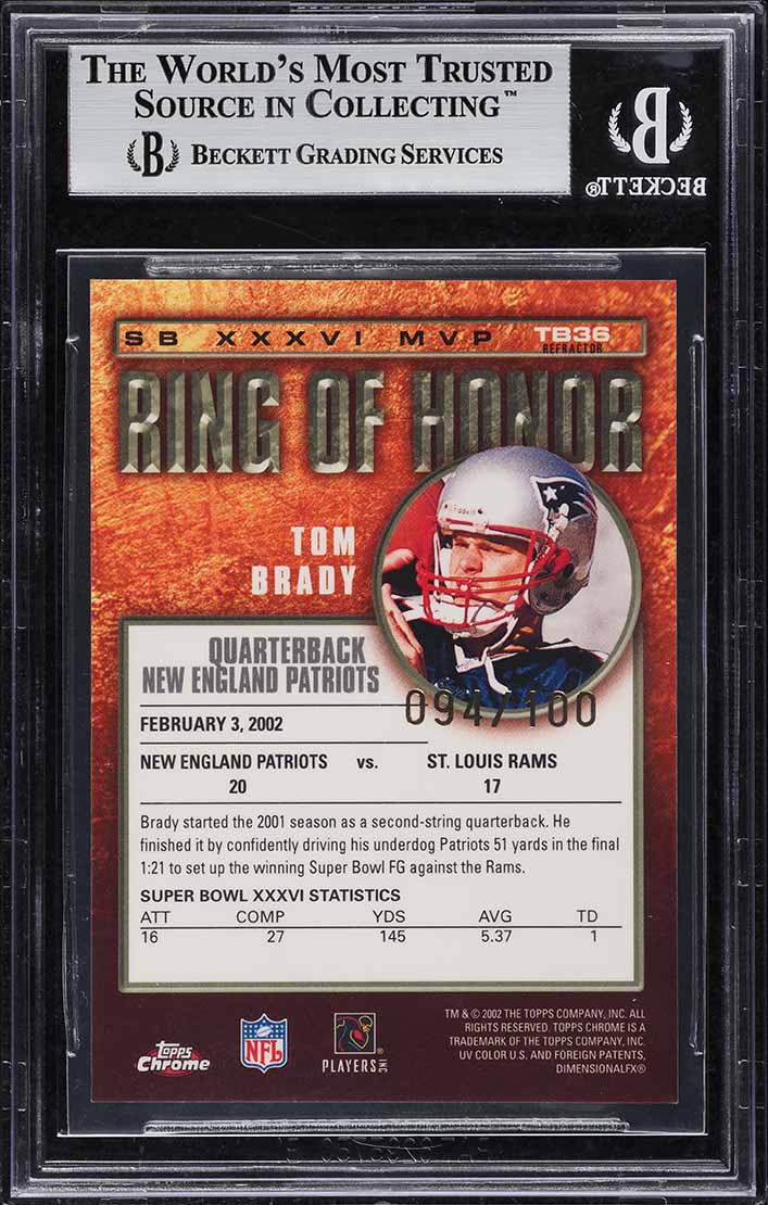 2002 Topps Chrome Ring Of Honor Refractor Tom Brady /100 #TB36 BGS 9 MINT