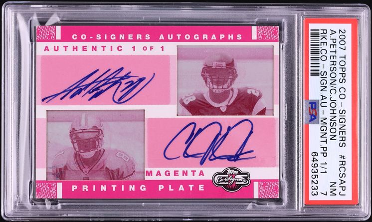 2007 Topps Co-Signers Magenta Printing Plate Adrian Peterson Calvin Johnson RC AUTO 1/1 PSA 7