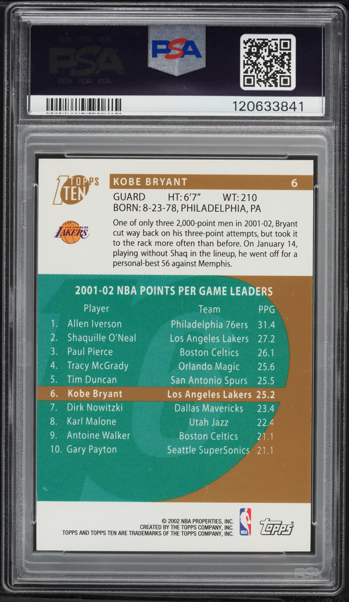 2002 Topps Ten Parallel Kobe Bryant #6 PSA 10 GEM MINT