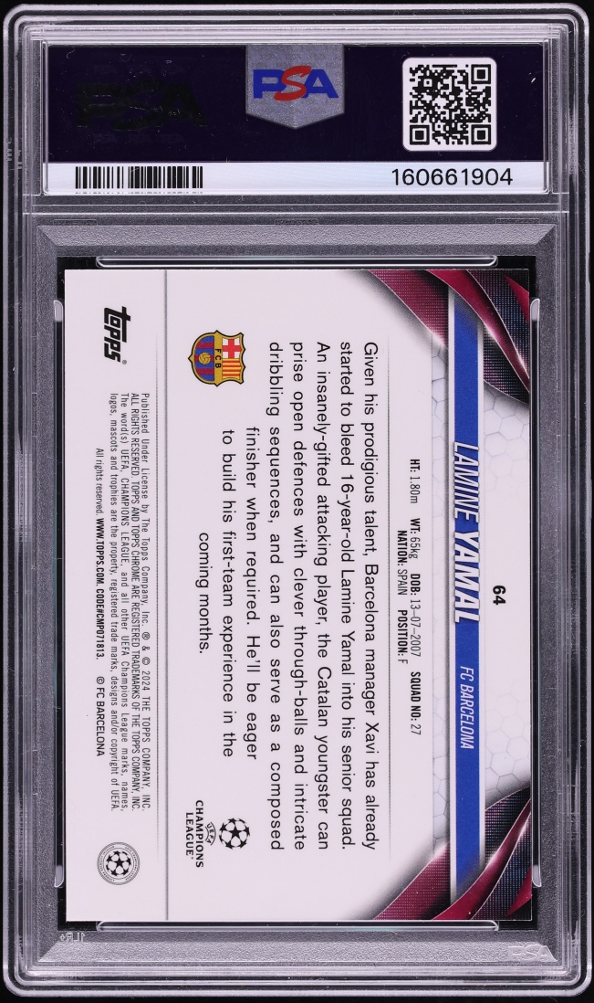 2023 Topps Chrome UEFA Club Competitions Lamine Yamal ROOKIE #64 PSA 10 GEM MINT