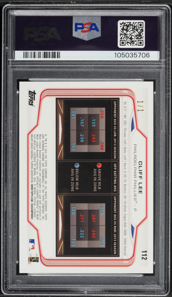 2014 Bowman Chrome Superfractor Cliff Lee 1/1 #112 PSA 10 GEM MINT