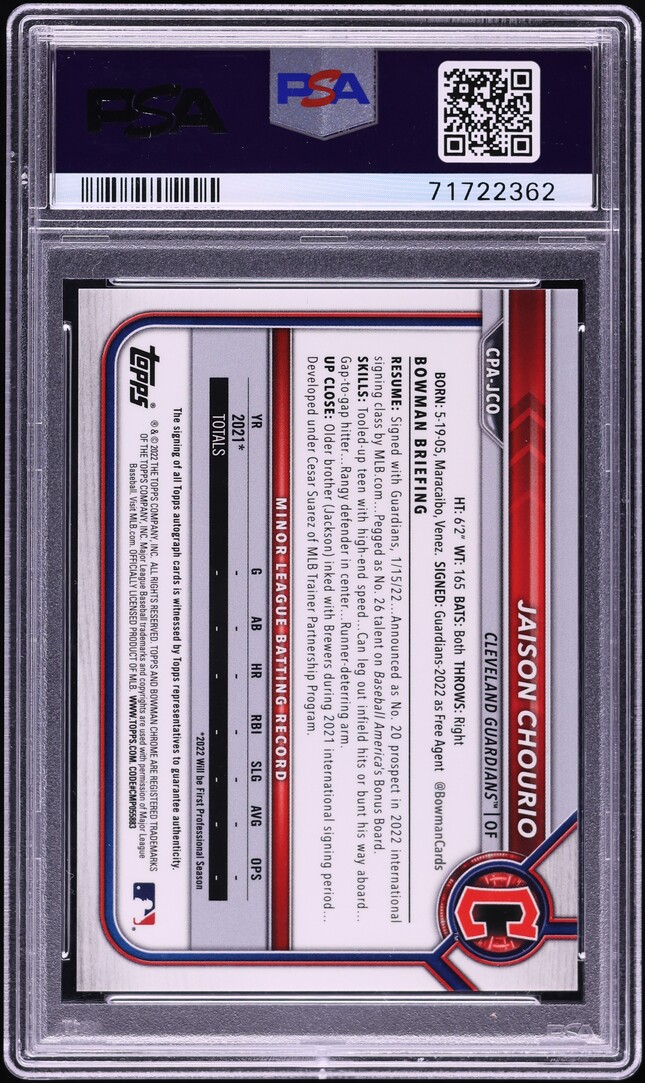 2022 Bowman Chrome Purple Refractor Jaison Chourio PROSPECT AUTO /250 #CPA-JCO PSA 10 GEM MINT