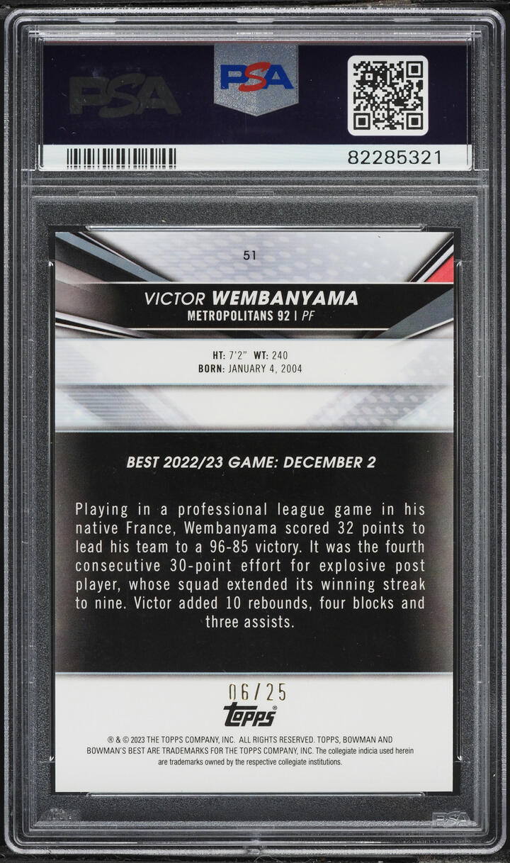 2022 Bowman University Best Orange Refractor Victor Wembanyama ROOKIE /25 #51 PSA 10 GEM MINT