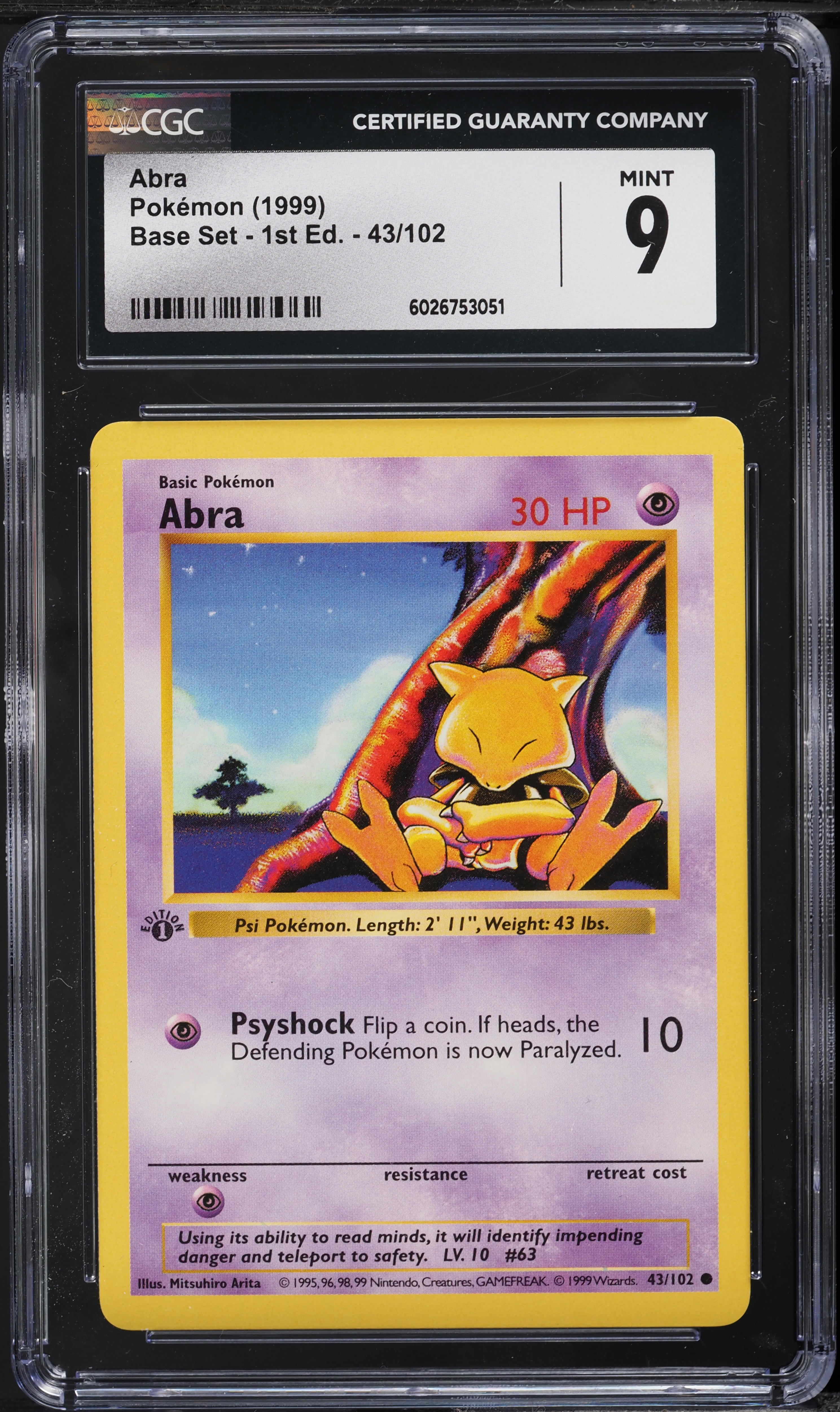 1999 Pokemon Base Set Shadowless 1st Edition Abra #43 CGC 9