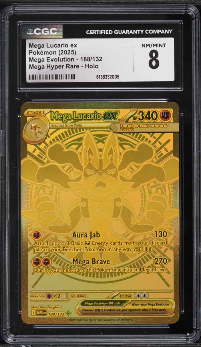 2025 Pokemon Mega Evolution Gold Rare Mega Lucario EX #188 CGC 8 NM-MT