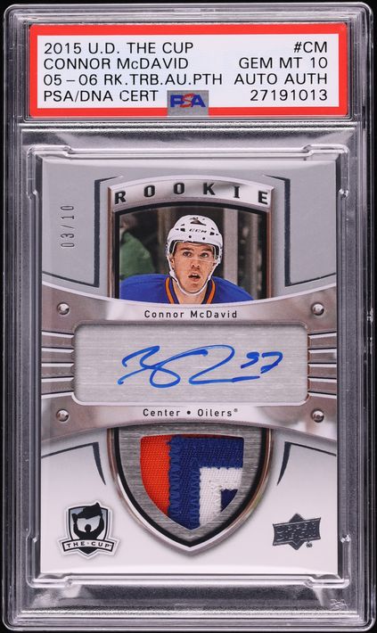 2015 Upper Deck The Cup '05 Tribute Connor McDavid ROOKIE PATCH AUTO /10 #180CM PSA 10 GEM MINT