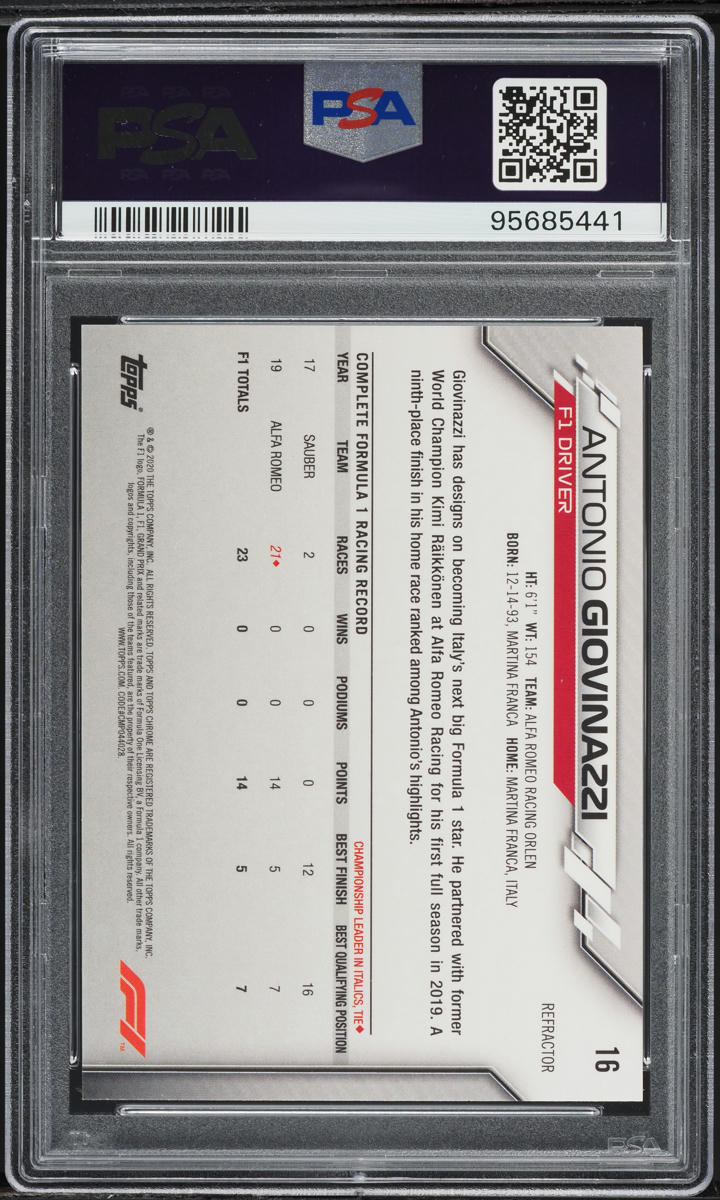 2020 Topps Chrome Formula 1 Refractor Antonio Giovinazzi #16 PSA 10 GEM MINT