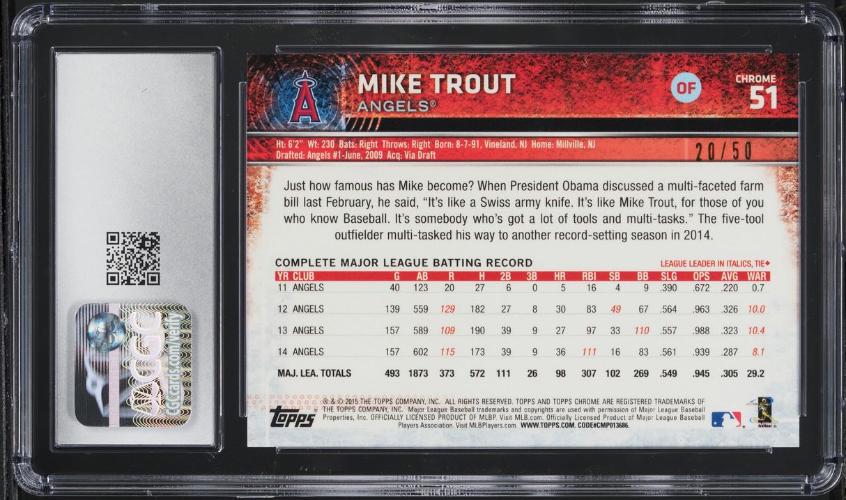 2015 Topps Chrome Gold Refractor Mike Trout /50 #51 CGC 9 MINT