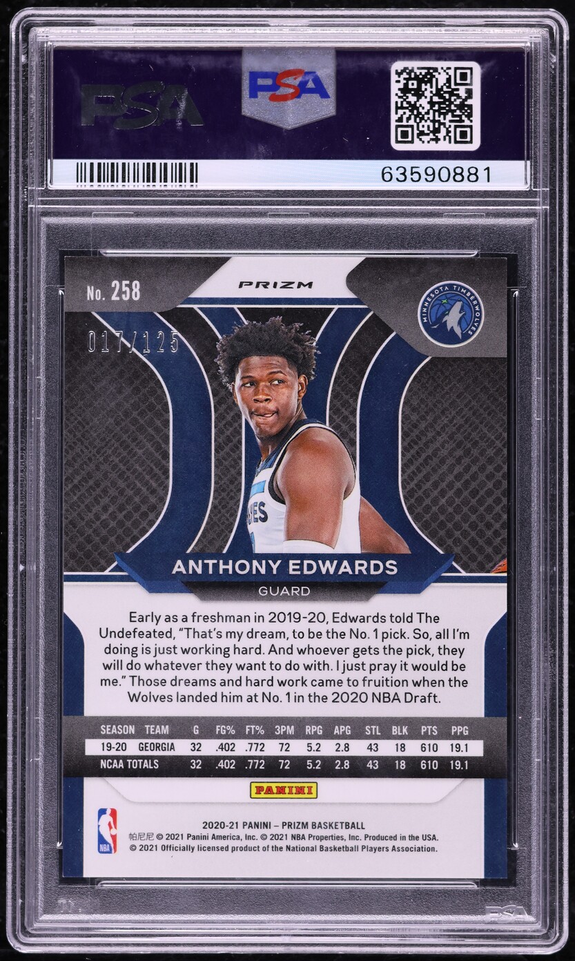 2020 Panini Prizm Blue Ice Anthony Edwards ROOKIE /125 #258 PSA 10 GEM MINT