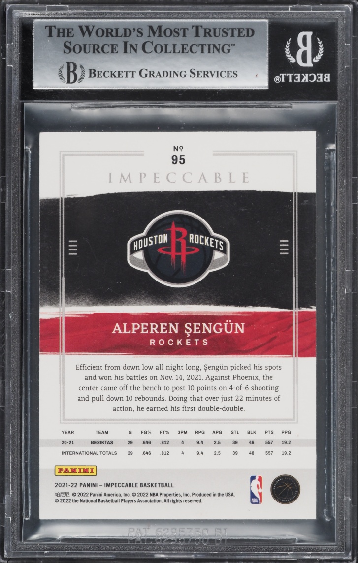 2021 Panini Impeccable Platinum Alperen Sengun ROOKIE 1/1 #95 BGS 8 NM-MT