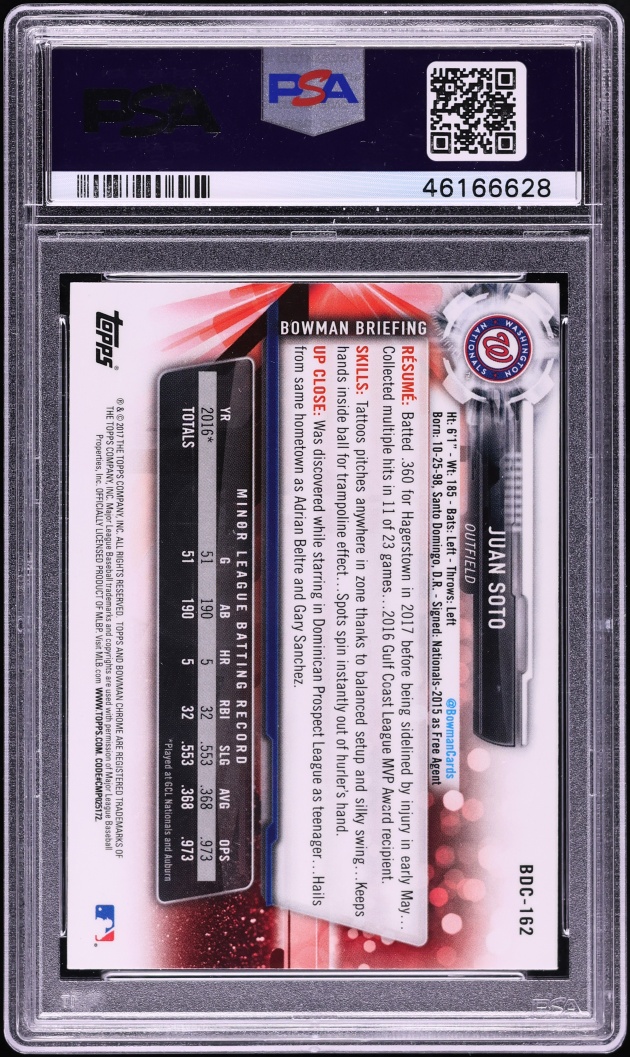 2017 Bowman Chrome Draft Juan Soto PROSPECT #BDC-162 PSA 10 GEM MINT