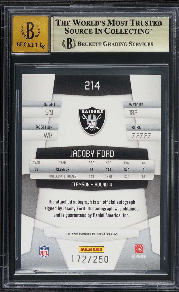 2010 Panini Certified Mirror Red Jacoby Ford ROOKIE AUTO /250 #214 BGS 9.5 GEM