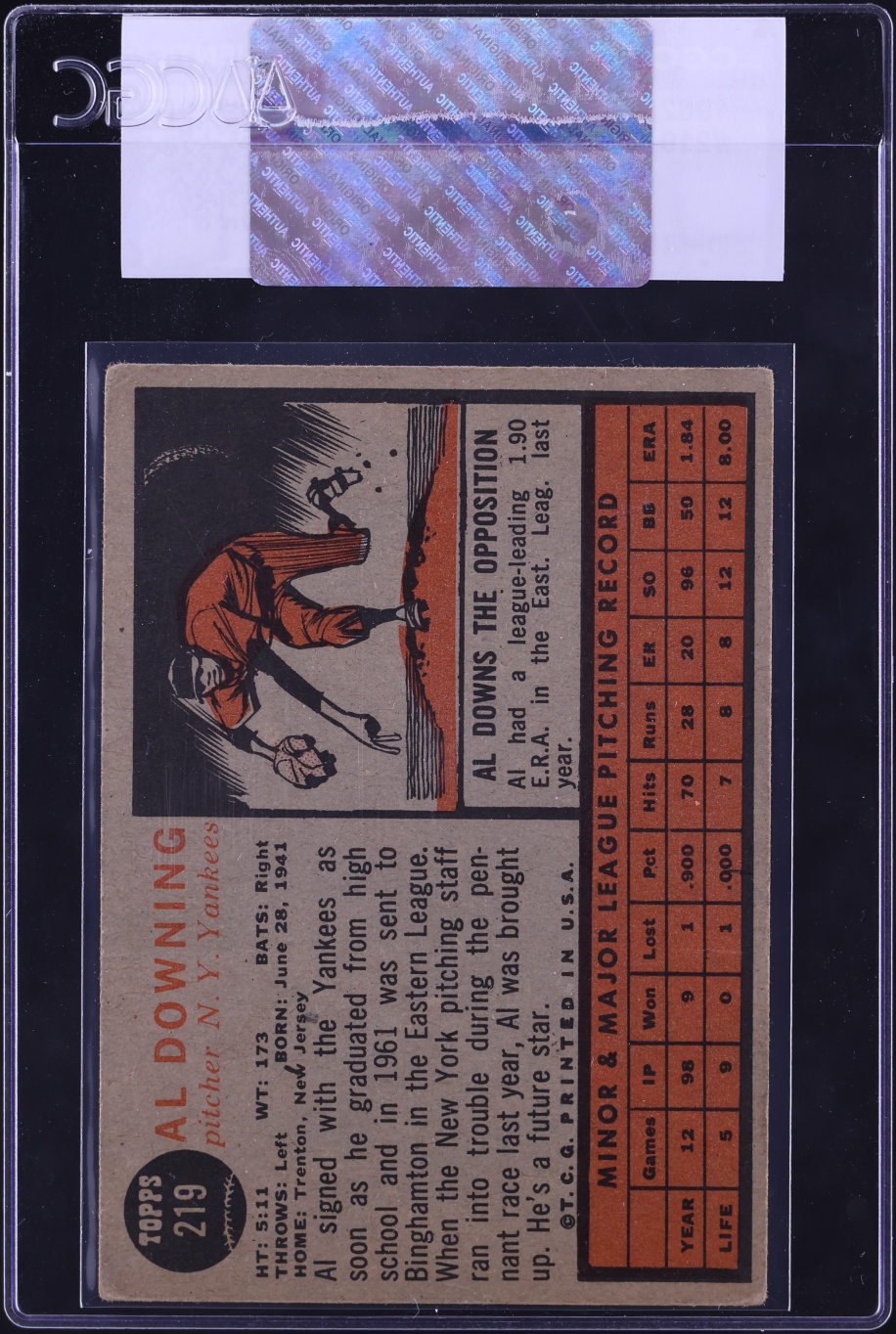 1962 Topps Al Downing ROOKIE #219 CGC AUTH
