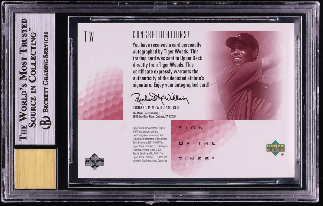 2001 SP Authentic Sign Of The Times Red Tiger Woods ROOKIE AUTO /29 #TW BGS 9 MINT
