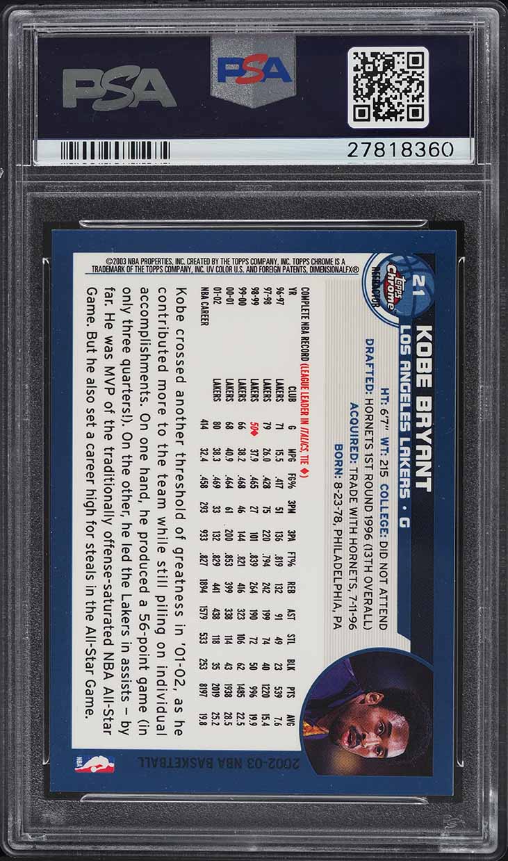 2002 Topps Chrome Refractor Kobe Bryant #21 PSA 10 GEM MINT