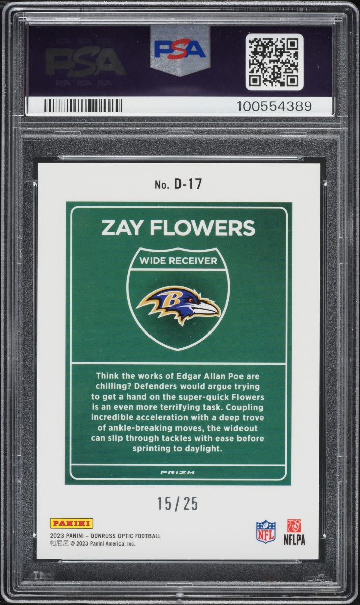 2023 Donruss Optic Downtown Black Pandora Zay Flowers ROOKIE /25 #D-17 PSA 10 GEM MINT