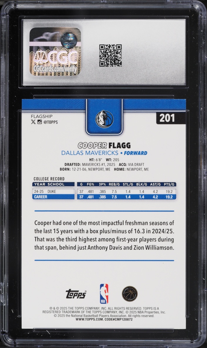 2025 Topps Basketball Cooper Flagg ROOKIE #201 CGC 9 MINT