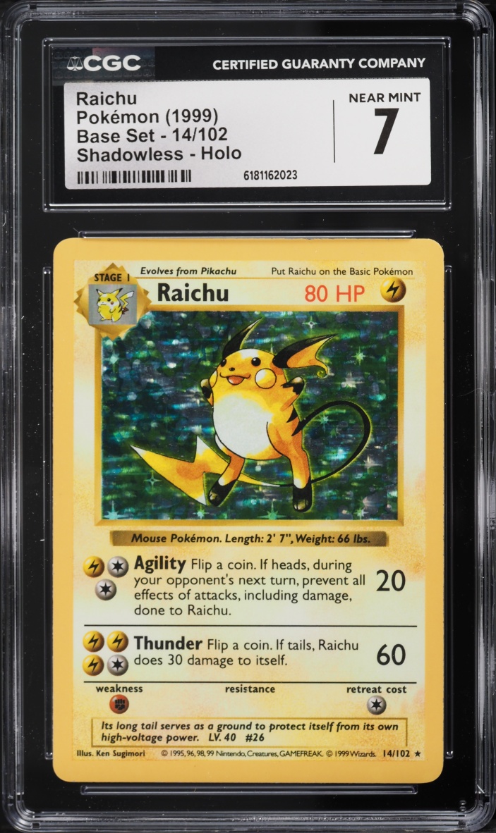 1999 Pokemon Base Set Shadowless Holo Raichu #14 CGC 7 NRMT