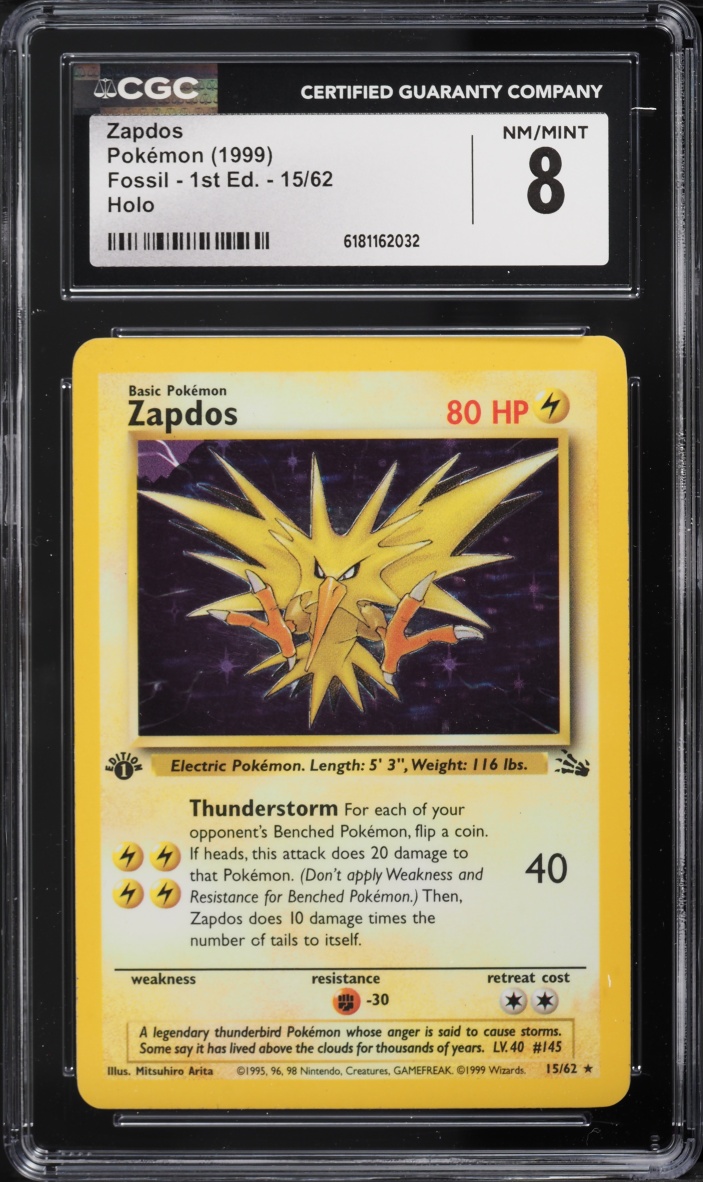 1999 Pokemon Fossil 1st Edition Holo Zapdos #15 CGC 8 NM-MT