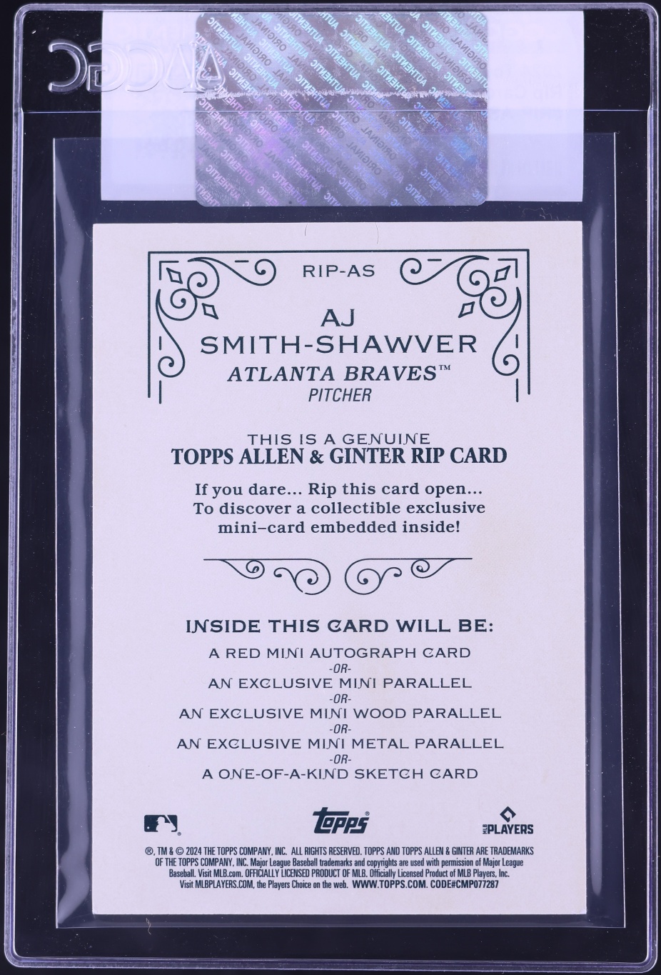 2024 Topps Allen & Ginter Rip Cards AJ Smith-Shawver ROOKIE /199 #RIP-AS CGC AUTH