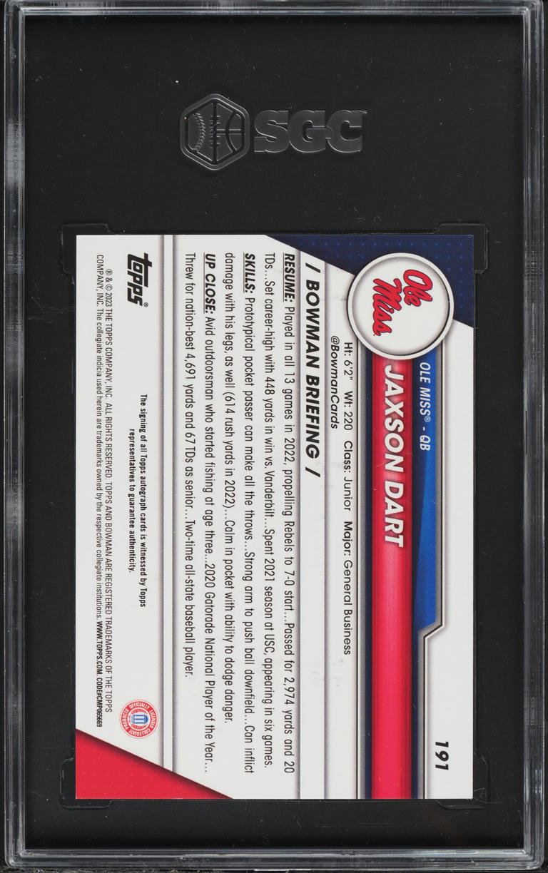 2023 Bowman Chrome University Jaxson Dart ROOKIE AUTO #191 SGC 10 GEM MINT