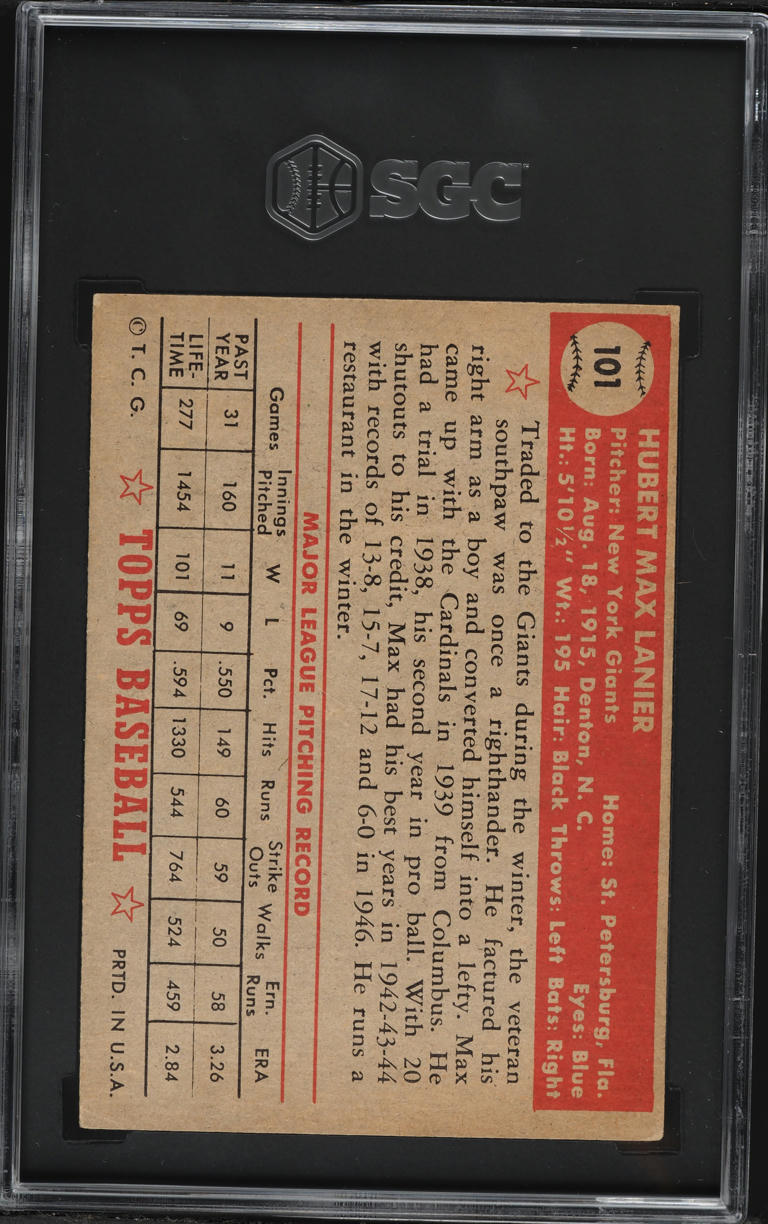 1952 Topps Max Lanier #101 SGC 4 VGEX