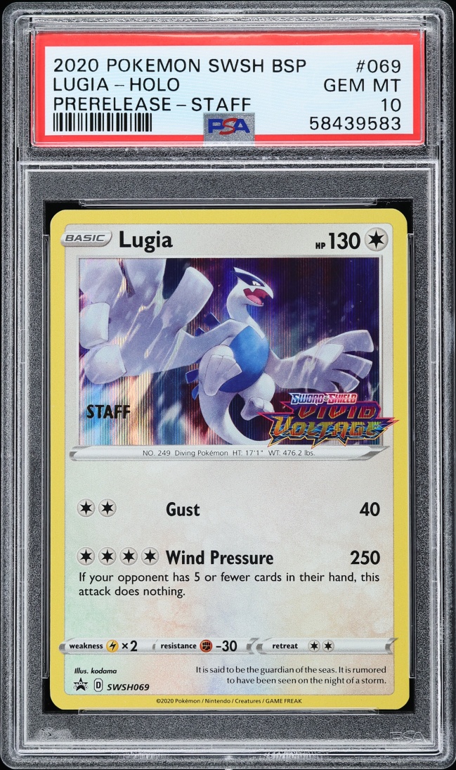 2020 Pokemon Sword & Shield Vivid Voltage Prerelease Staff Holo Lugia #69 PSA 10 GEM MINT